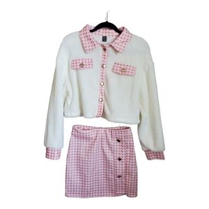 Shein Fluffy Frenchy Pink Plaid Jacket and Skirt 2 Piece Womens Size Small